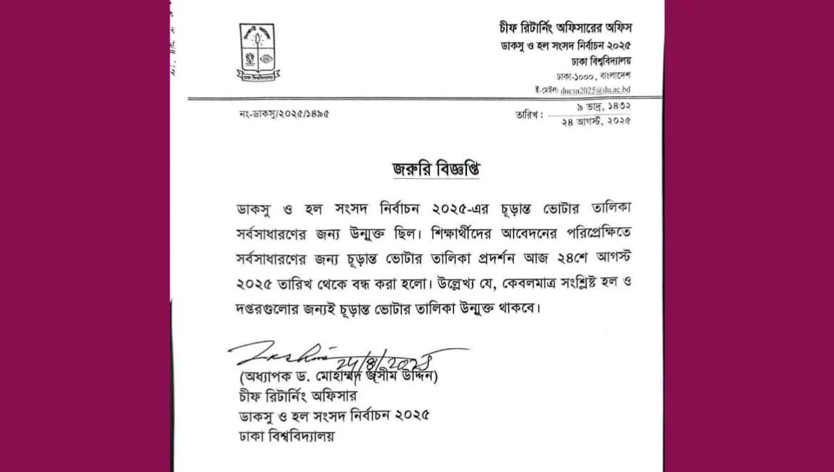 ডাকসু নির্বাচন নিয়ে রিটের পর ব্যবস্থা নিলো বিশ্ববিদ্যালয় প্রশাসন ডাকসু নির্বাচন নিয়ে রিটের পর ব্যবস্থা নিলো বিশ্ববিদ্যালয় প্রশাসন